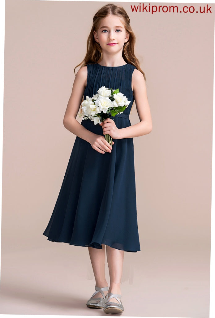 Ruffle A-Line Junior Bridesmaid Dresses Scoop Tiana Neck Chiffon With Tea-Length