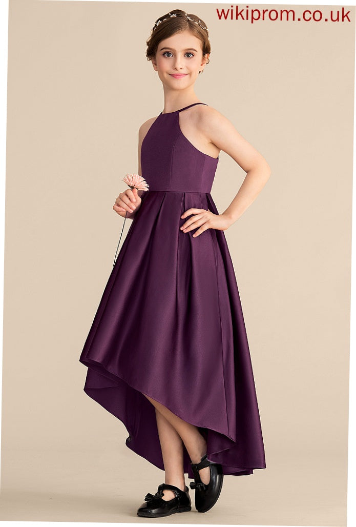 Satin With Neck Asymmetrical Scoop A-Line Ruffle Junior Bridesmaid Dresses Diana