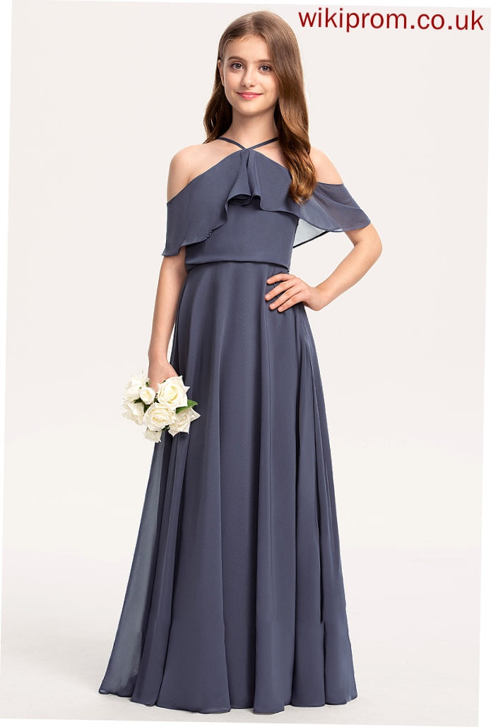 Junior Bridesmaid Dresses Cascading Ruffles Floor-Length Off-the-Shoulder Izabelle A-Line With Chiffon