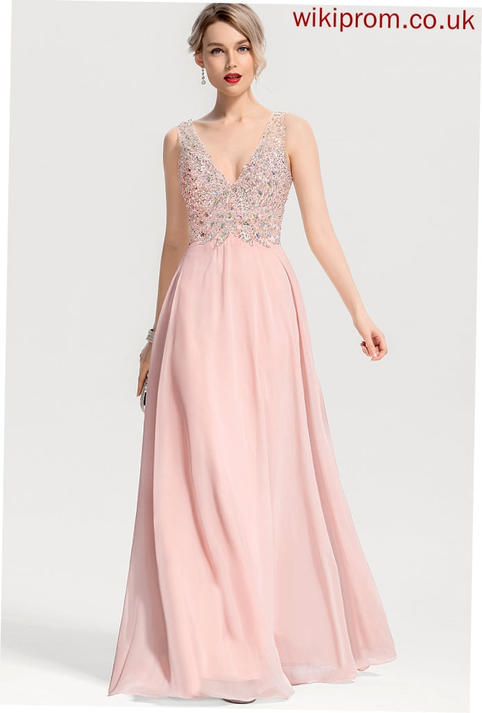 Beading Chiffon Floor-Length A-Line With Mabel Prom Dresses V-neck Sequins