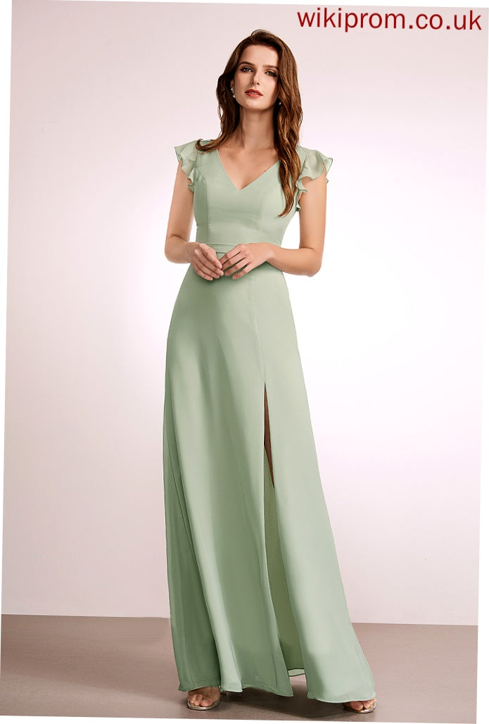 Embellishment V-neck Length SplitFront A-Line Floor-Length Silhouette Neckline Fabric Ariella Cap Sleeves Natural Waist Bridesmaid Dresses