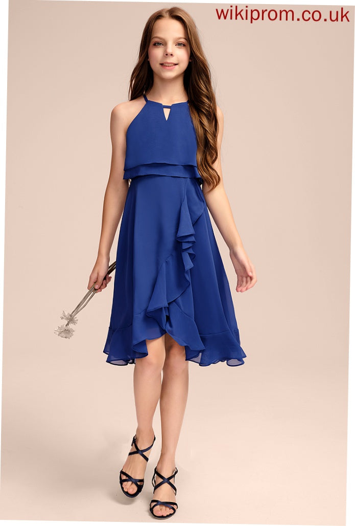 Zoie Chiffon With Scoop Neck Knee-Length A-Line Cascading Ruffles Junior Bridesmaid Dresses