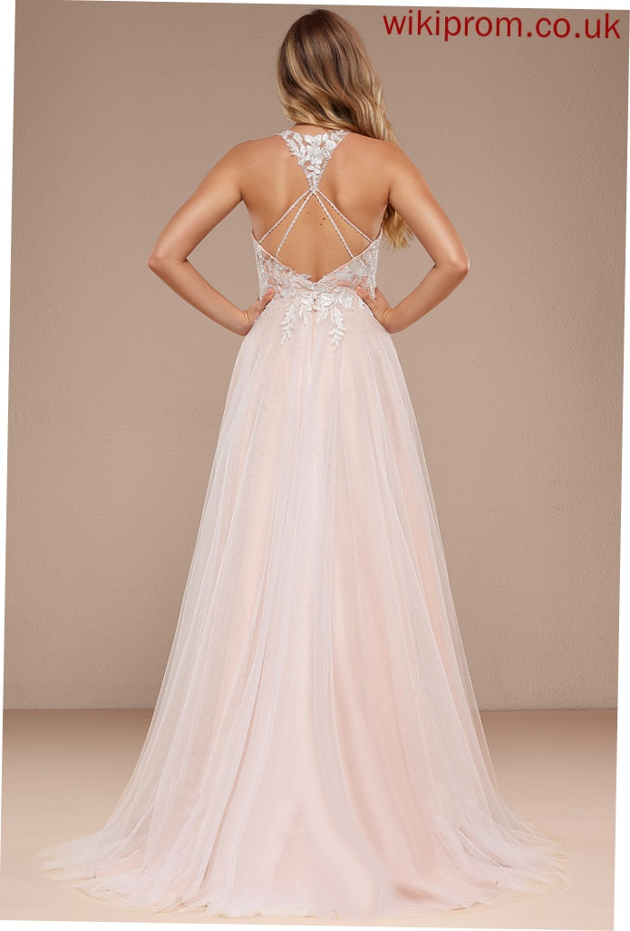 A-Line Dress Marlee Lace Sweep Beading Halter Sequins Wedding Train Wedding Dresses Tulle With