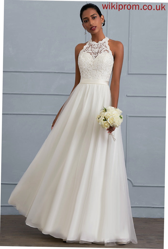 Kali Lace Neck Wedding Dresses Tulle Floor-Length Dress Scoop Charmeuse A-Line Wedding