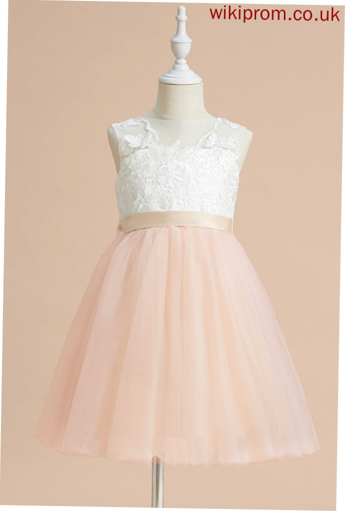 A-Line With Raquel Scoop - Bow(s) Knee-length Sleeveless Tulle/Lace Dress Flower Girl Dresses Flower Girl Neck