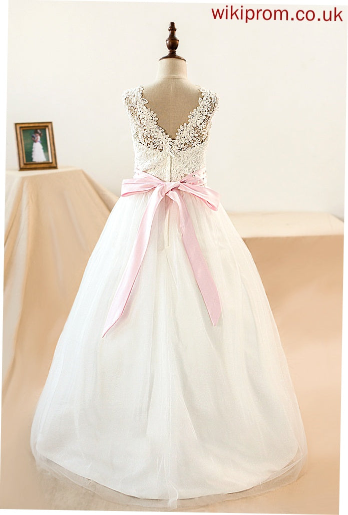 Scoop Junior Bridesmaid Dresses Tulle Beading Sash Bow(s) Floor-Length Payten With Ball-Gown/Princess Neck