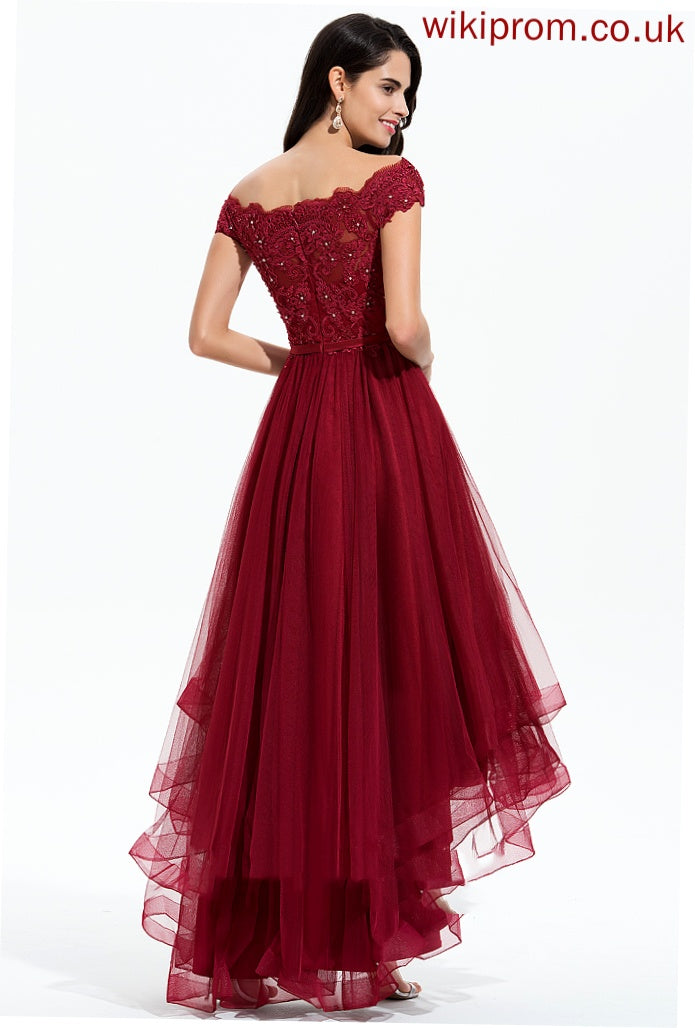 Asymmetrical Beading A-Line Bow(s) Rylie Homecoming Dresses Dress Homecoming Off-the-Shoulder With Lace Tulle