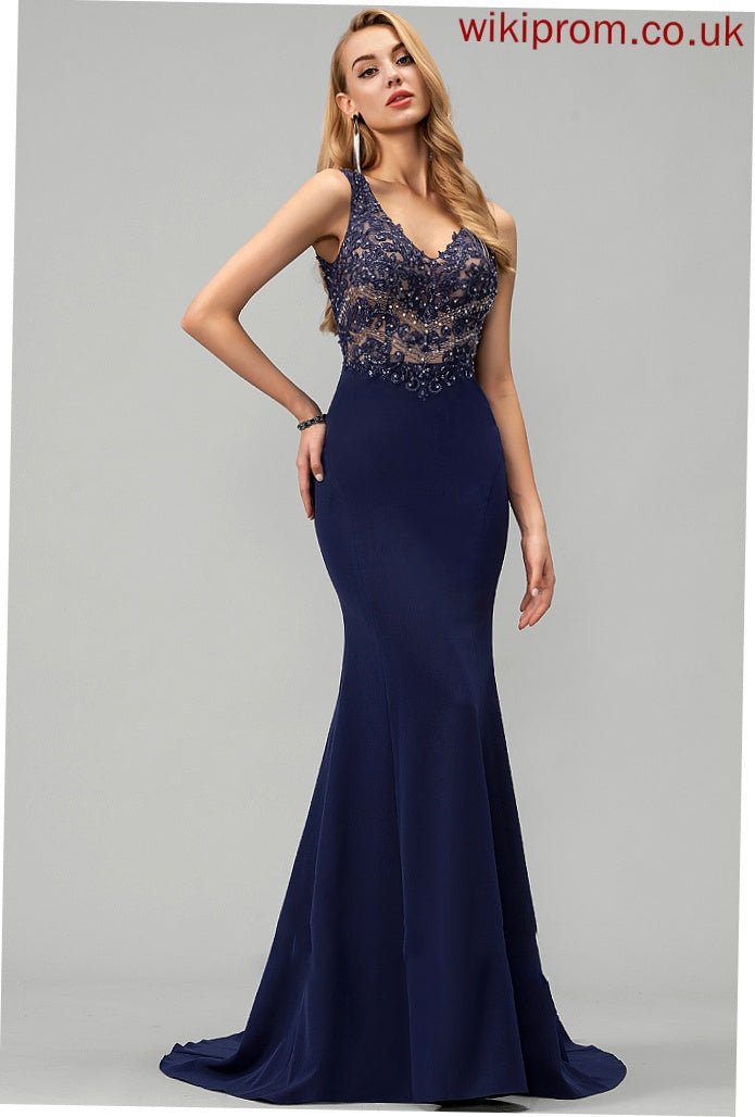 Crepe Stretch Sweep Trumpet/Mermaid Beading With V-neck Jacey Train Prom Dresses Sequins