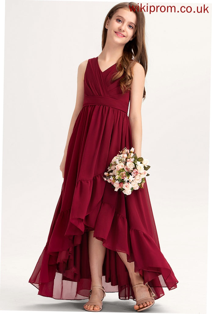 Jenny Chiffon Bow(s) V-neck Junior Bridesmaid Dresses A-Line Ruffles Cascading Asymmetrical With