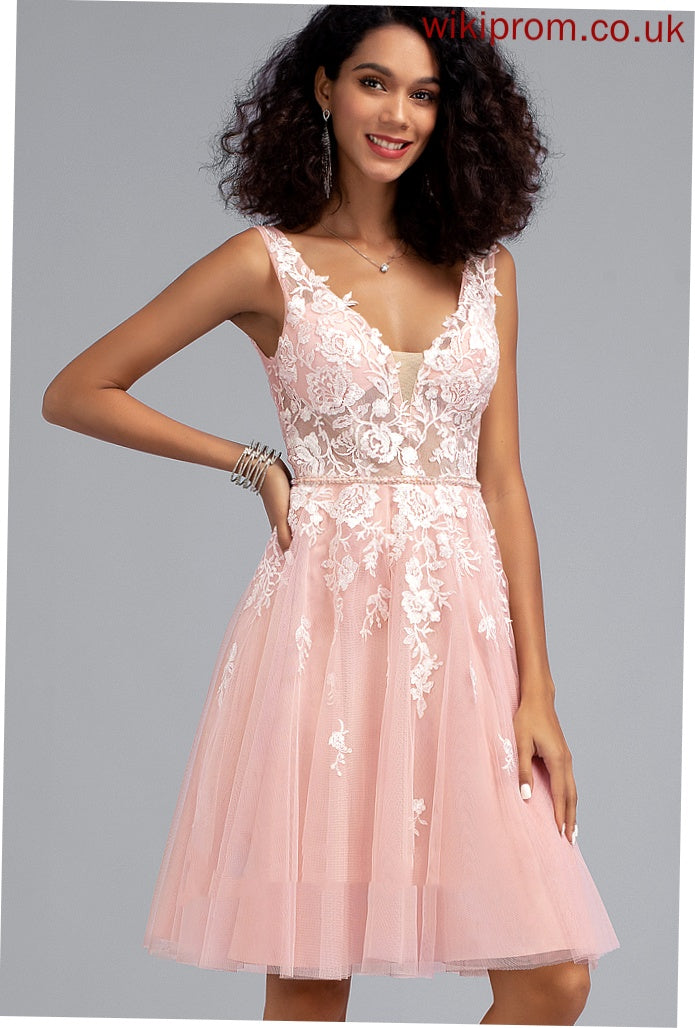 Knee-Length Mavis A-Line With Sequins Homecoming Dresses Homecoming Dress Tulle Beading Lace V-neck