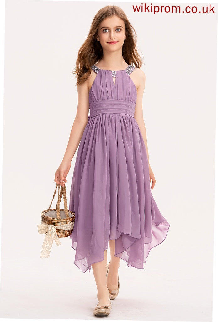 Ruffle Danika Tea-Length Beading With Neck A-Line Junior Bridesmaid Dresses Bow(s) Chiffon Scoop