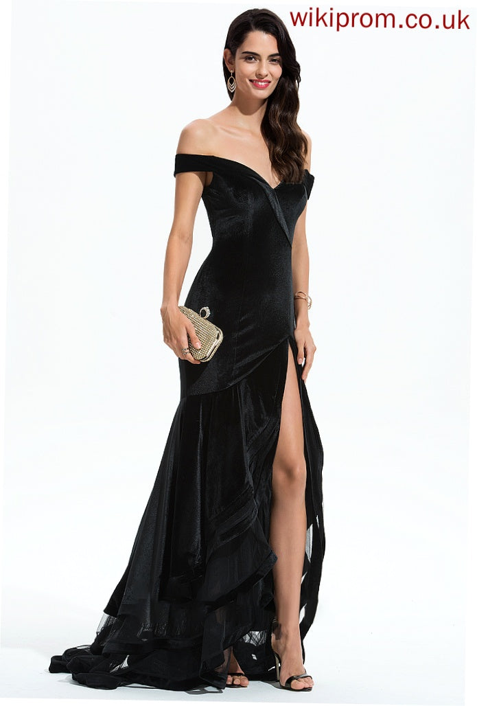 Tori Trumpet/Mermaid Prom Dresses Sweep Off-the-Shoulder With Cascading Velvet Ruffles Train