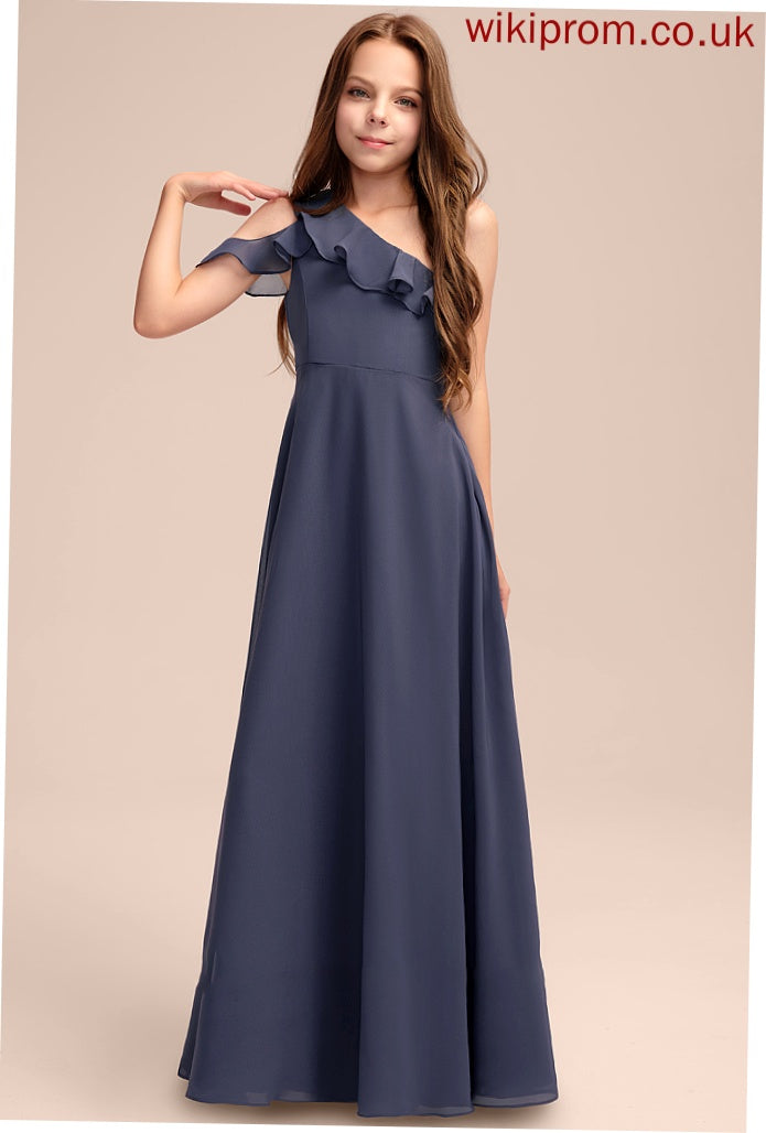 Ruffles With Floor-Length Junior Bridesmaid Dresses A-Line Cascading One-Shoulder Chiffon Sloane