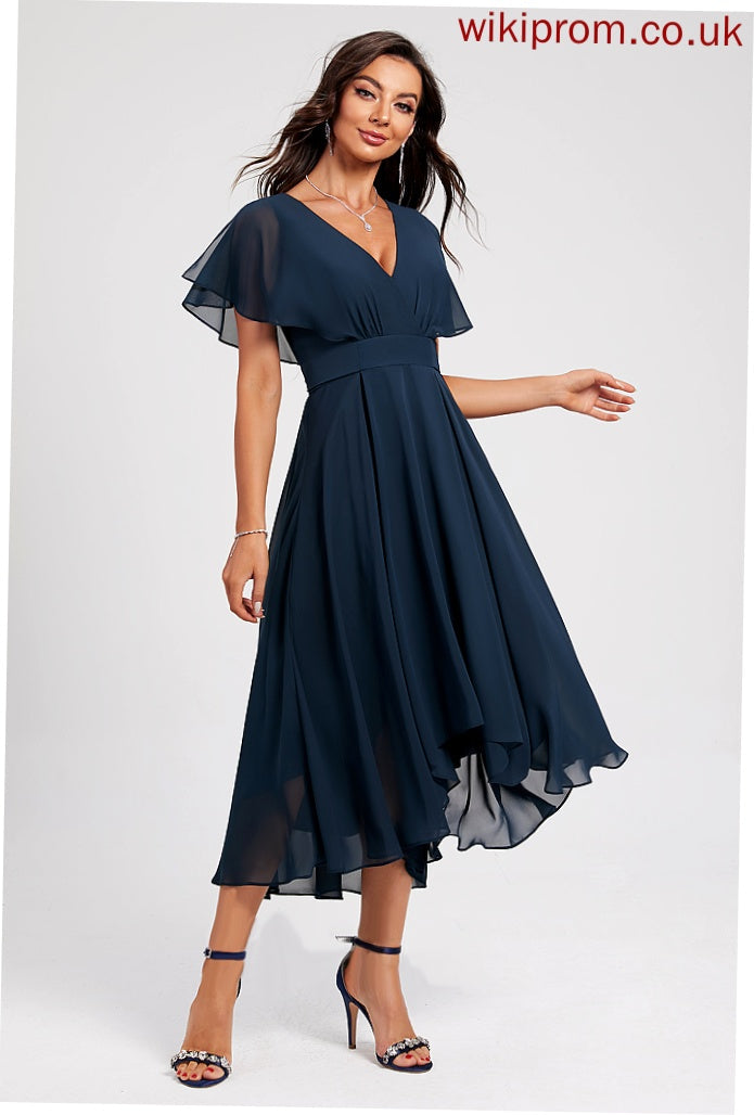 Sash Cocktail Dresses With Cocktail Chiffon Asymmetrical A-Line V-neck Jazmyn Dress