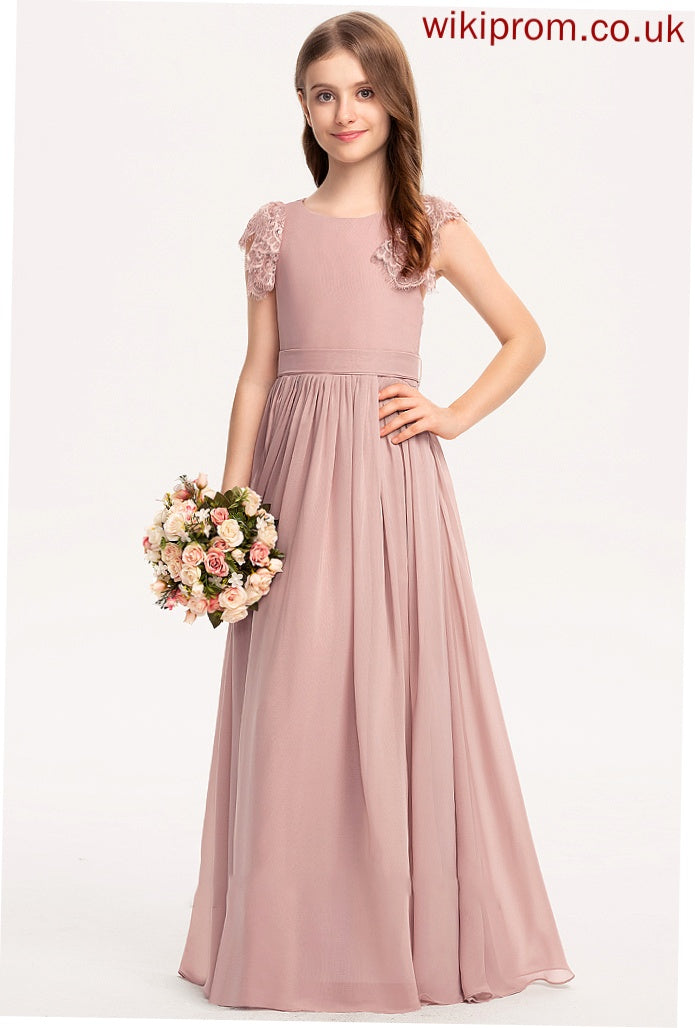 Chiffon Floor-Length Junior Bridesmaid Dresses Bow(s) Lace Isla Neck A-Line With Scoop