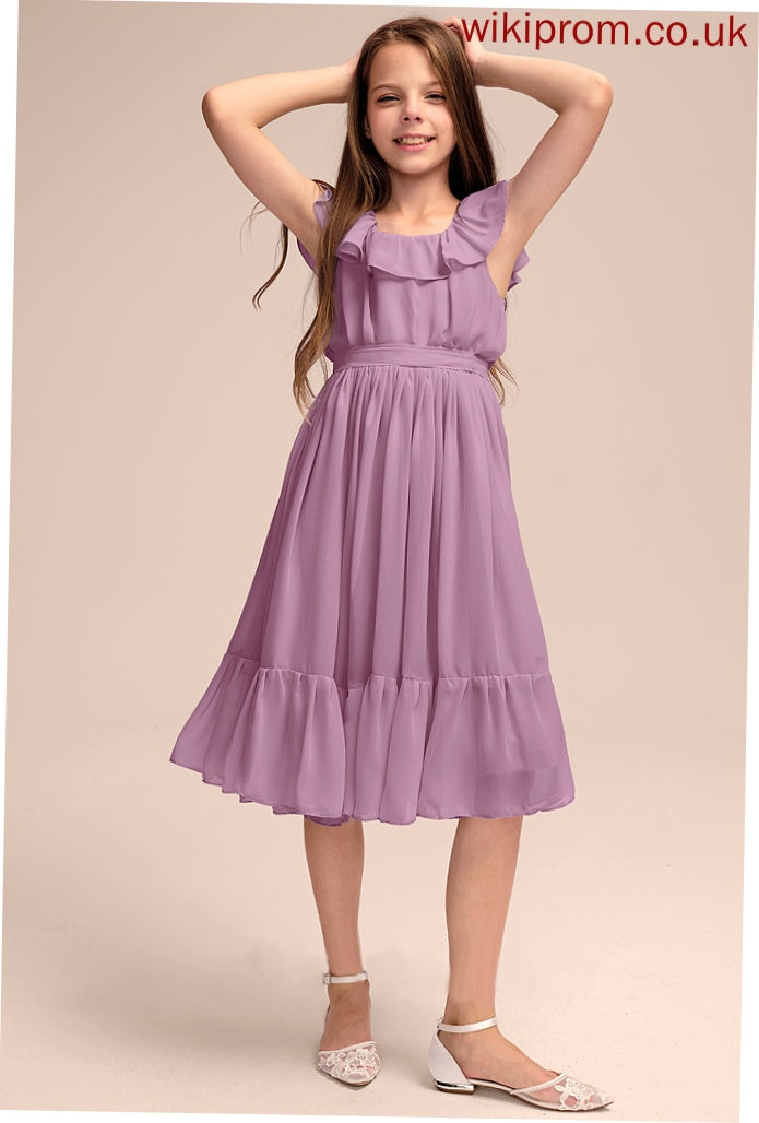 Bow(s) Scoop Ruffles A-Line Chiffon Neck Knee-Length Cascading Junior Bridesmaid Dresses Ashlynn With