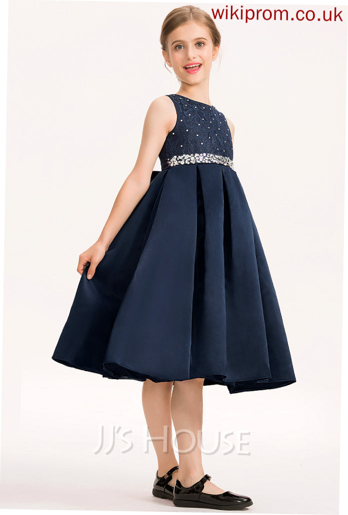 A-Line Lace Satin With Scoop Beading Bow(s) Junior Bridesmaid Dresses Caitlyn Knee-Length Neck