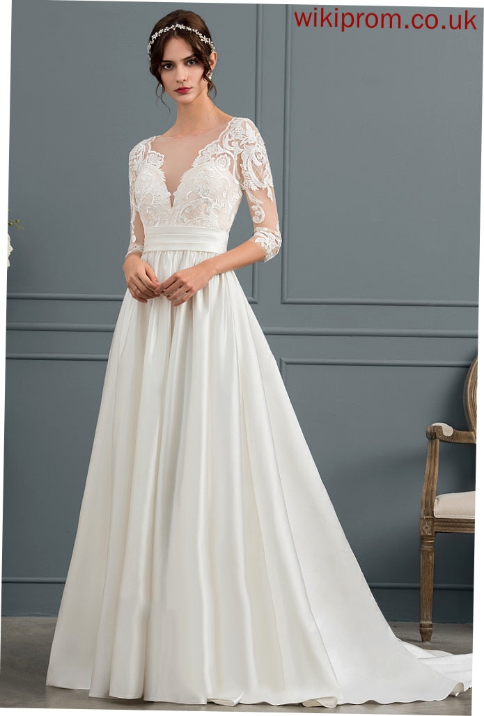 Matilda Court Train Wedding Ball-Gown/Princess Ruffle Dress Lace With Scoop Neck Satin Wedding Dresses