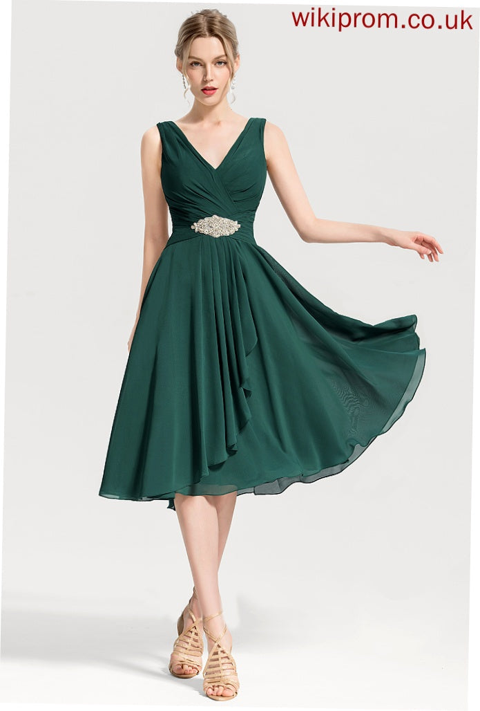 Knee-Length Kelsey A-Line With V-neck Chiffon Ruffles Cocktail Cascading Dress Beading Cocktail Dresses