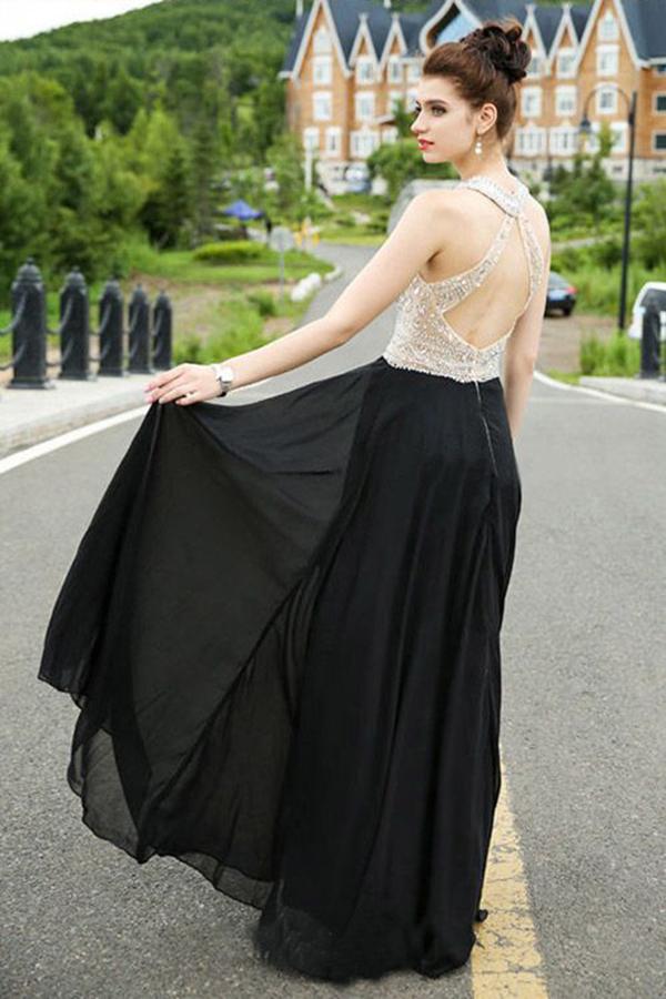 Classy A-line Scoop Chiffon Tulle Crystal Detailing Black Open Back Prom Dresses WK525