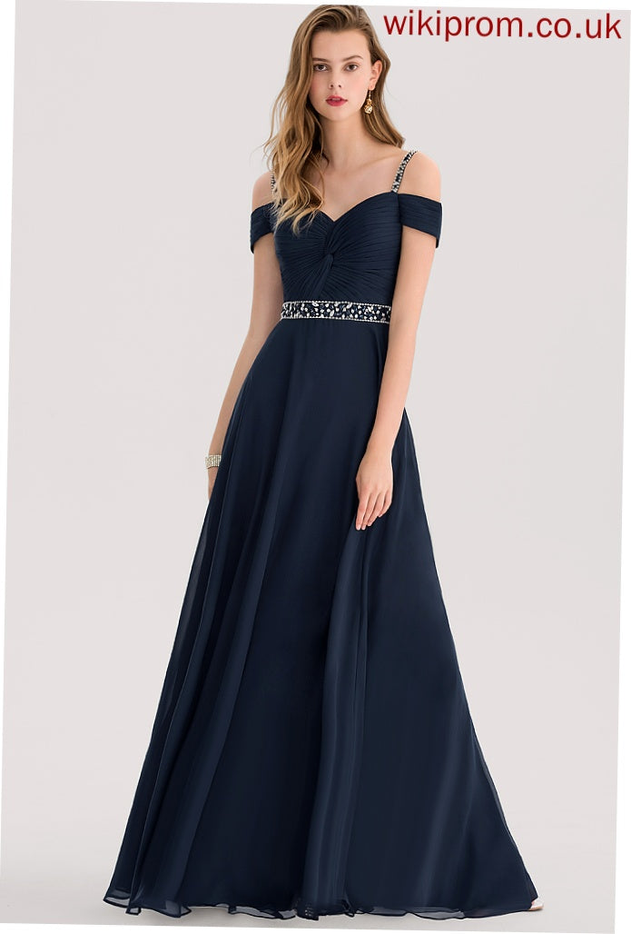 Haylee With Chiffon V-neck Sequins Pleated Cold Beading Floor-Length A-Line Prom Dresses Shoulder