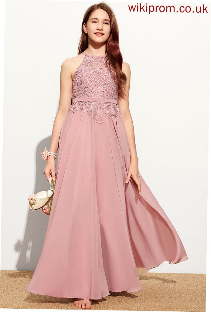 A-Line Lace Junior Bridesmaid Dresses Marisa Floor-Length Chiffon Neck Scoop