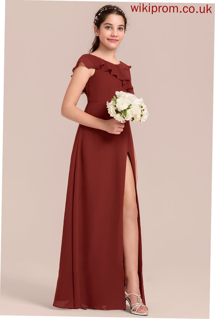 Chiffon V-neck Floor-Length Split Ruffles A-Line Cascading With Madeleine Junior Bridesmaid Dresses Front