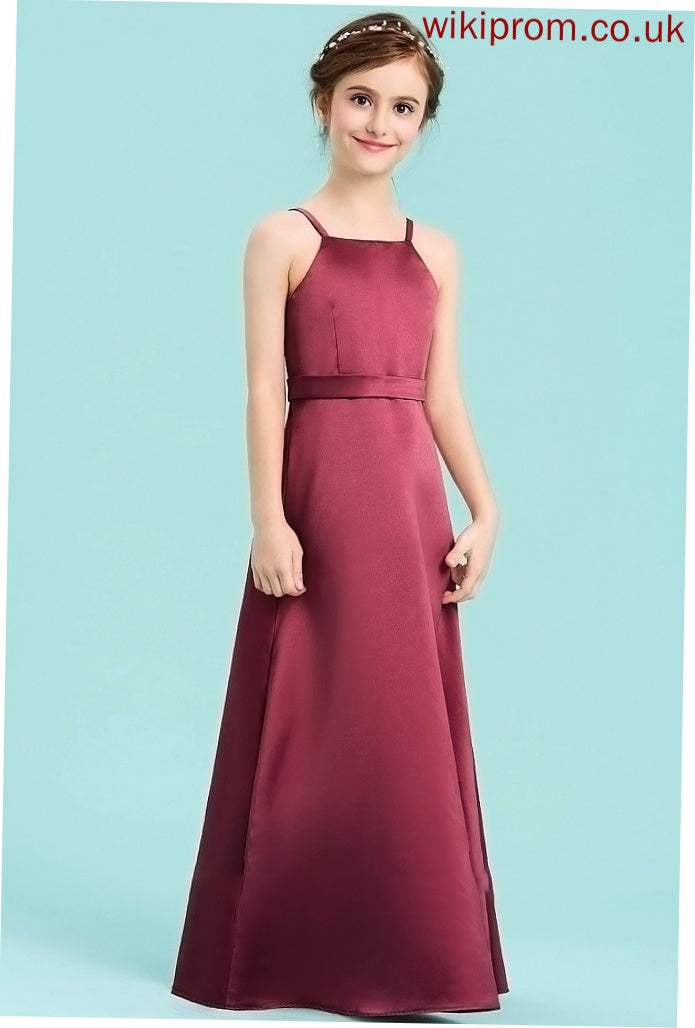 Floor-Length Bow(s) Satin With A-Line Junior Bridesmaid Dresses Neckline Amber Square