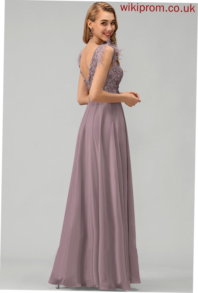 Sequins Chiffon Flower(s) A-Line V-neck Floor-Length Beading Feather Prom Dresses Jaelyn With