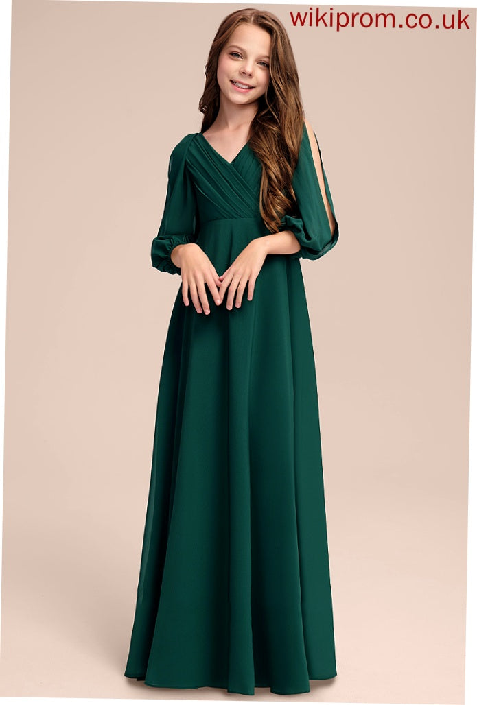 A-Line V-neck Chiffon With Millicent Ruffles Floor-Length Junior Bridesmaid Dresses