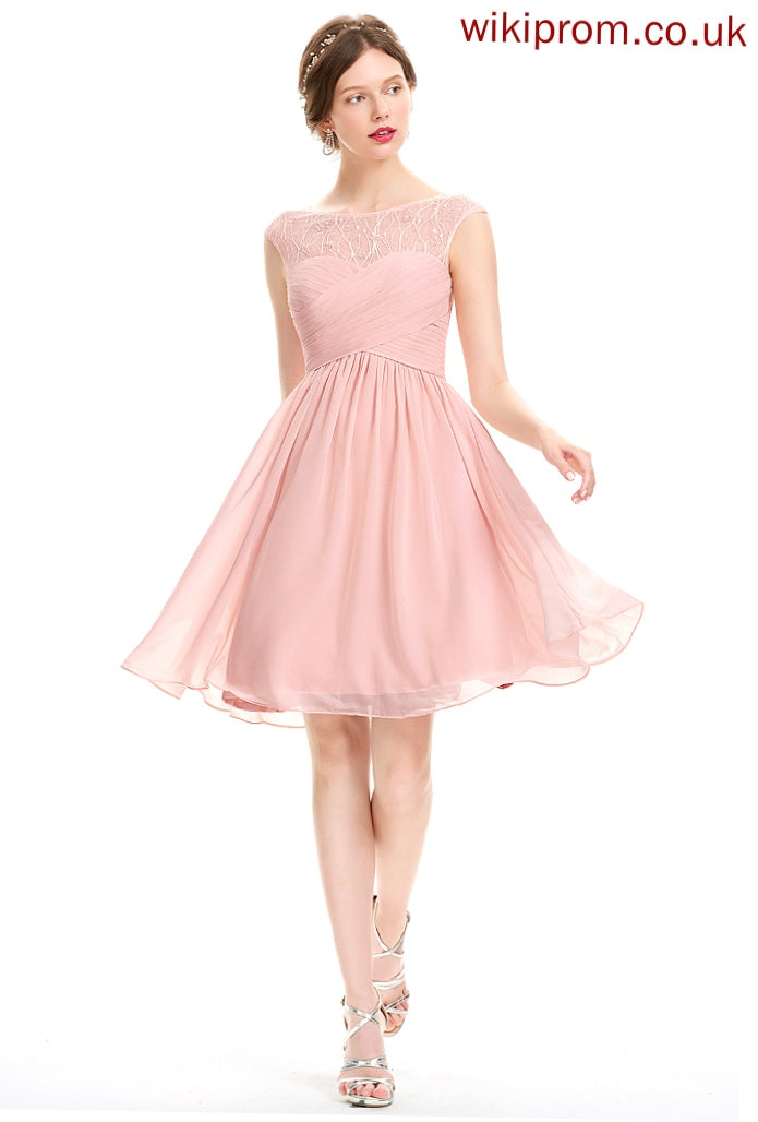 Knee-Length Tulle Chiffon Scoop Prom Dresses Beading Jaden A-Line With Ruffle