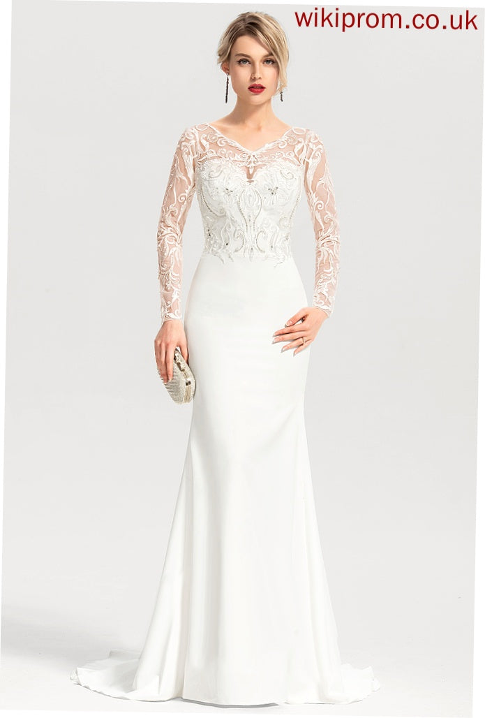 Beading Sweep Stretch Crepe With Wedding Trumpet/Mermaid Dress Train Sequins Lace Wedding Dresses V-neck Alexis