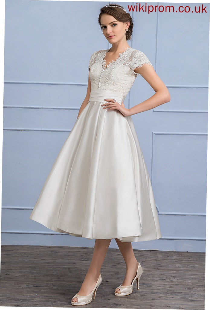 Wedding Tea-Length Sadie Satin Dress Wedding Dresses V-neck A-Line Ruffle With Lace