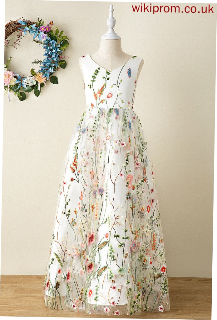 With - Girl V-neck Jacquard Flower Girl Dresses Phoenix Flower(s)/Bow(s) A-Line Flower Floor-length Dress Sleeveless