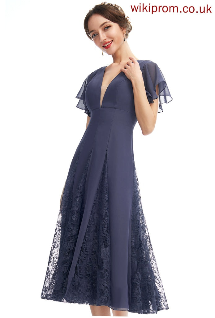 V-neck Ruffle Cocktail Dresses With A-Line Chiffon Taniyah Knee-Length Cocktail Lace Dress