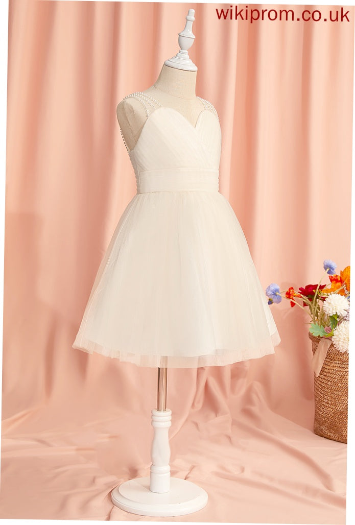 Girl V-neck - Flower Girl Dresses Tulle A-Line Sleeveless With Ruffles/Beading Dress Esther Flower Knee-length