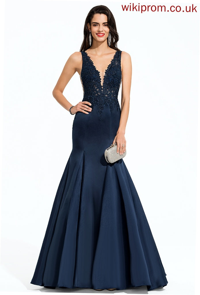 Sweep With Beading Prom Dresses V-neck Marlie Train Lace Trumpet/Mermaid Satin