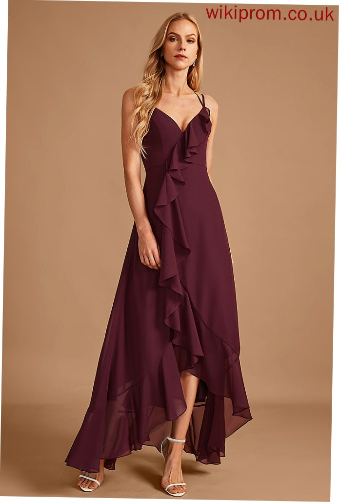 V-neck A-Line Embellishment Length Silhouette SplitFront Neckline Fabric Ruffle Asymmetrical Lorna Bridesmaid Dresses