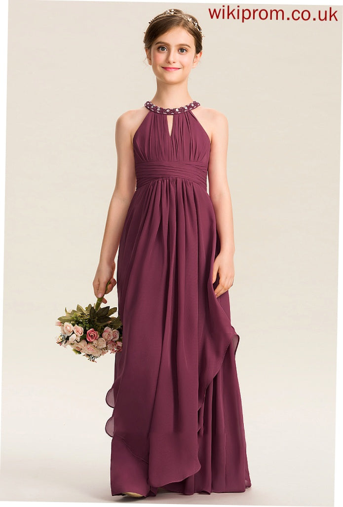 Junior Bridesmaid Dresses Beading Floor-Length Chiffon Sharon Neck A-Line Scoop Ruffle With