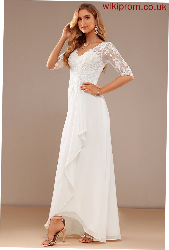 A-Line Ruffle Asymmetrical With Wedding Lace Lace V-neck Dress Wedding Dresses Madalyn Chiffon