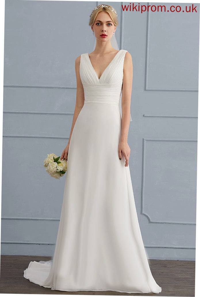 Dress Lace A-Line Wedding Danica Wedding Dresses Train Ruffle V-neck Sweep With Chiffon