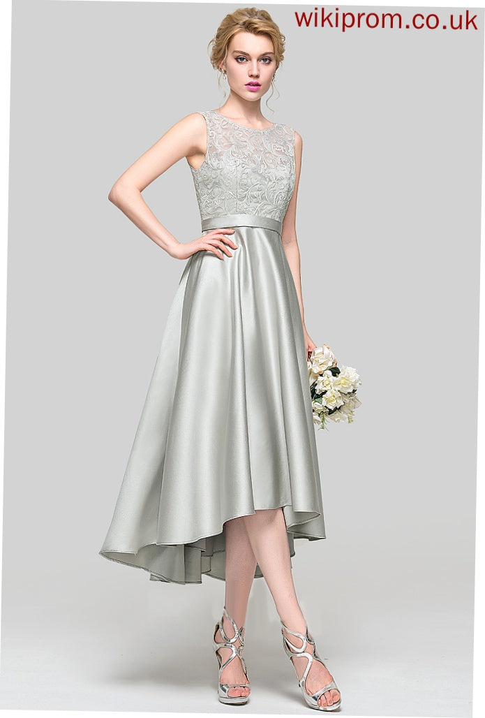 Length Straps Fabric Asymmetrical Silhouette Satin ScoopNeck Lace Neckline A-Line Itzel Bridesmaid Dresses