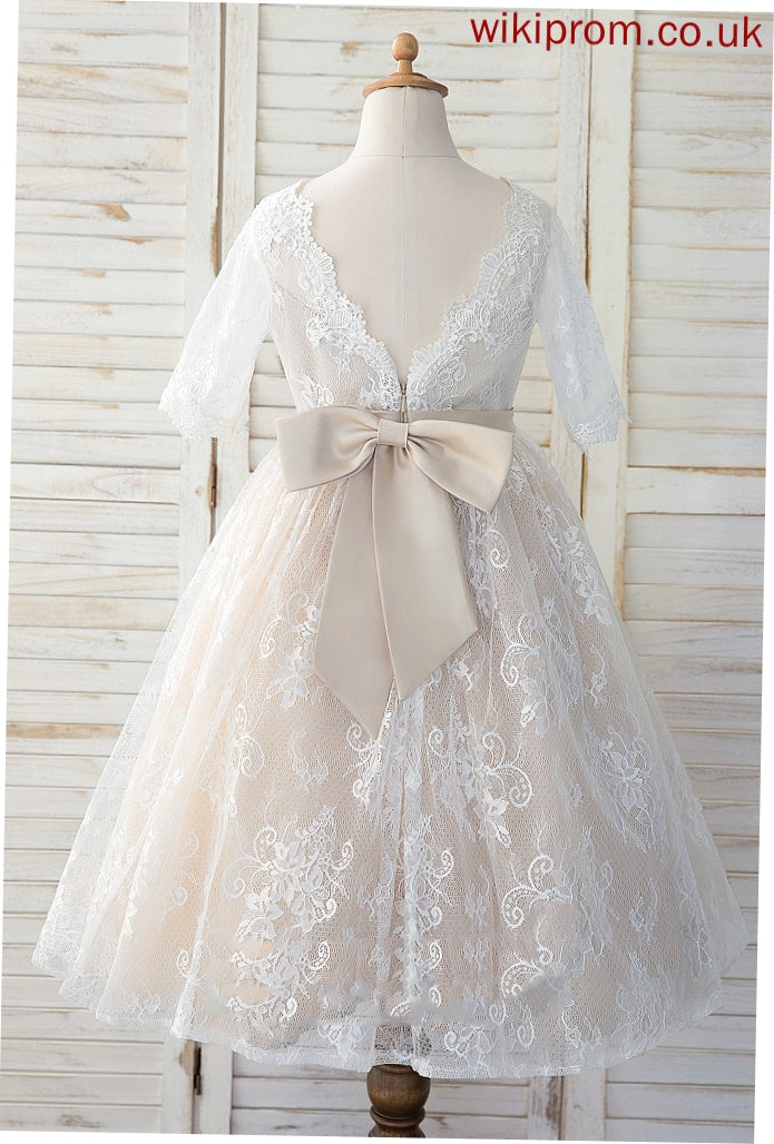 Dress Tea-length Bow(s) Flower Girl Dresses Sleeves Girl Neck Flower With Makaila A-Line - 3/4 Tulle/Lace Scoop