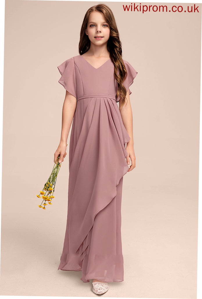 Cascading A-Line Chiffon V-neck Floor-Length Junior Bridesmaid Dresses With Mareli Ruffles