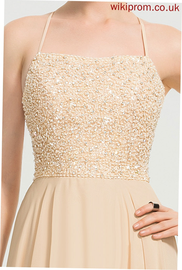 Square Train Sequins With Chiffon A-Line Gabrielle Beading Sweep Prom Dresses