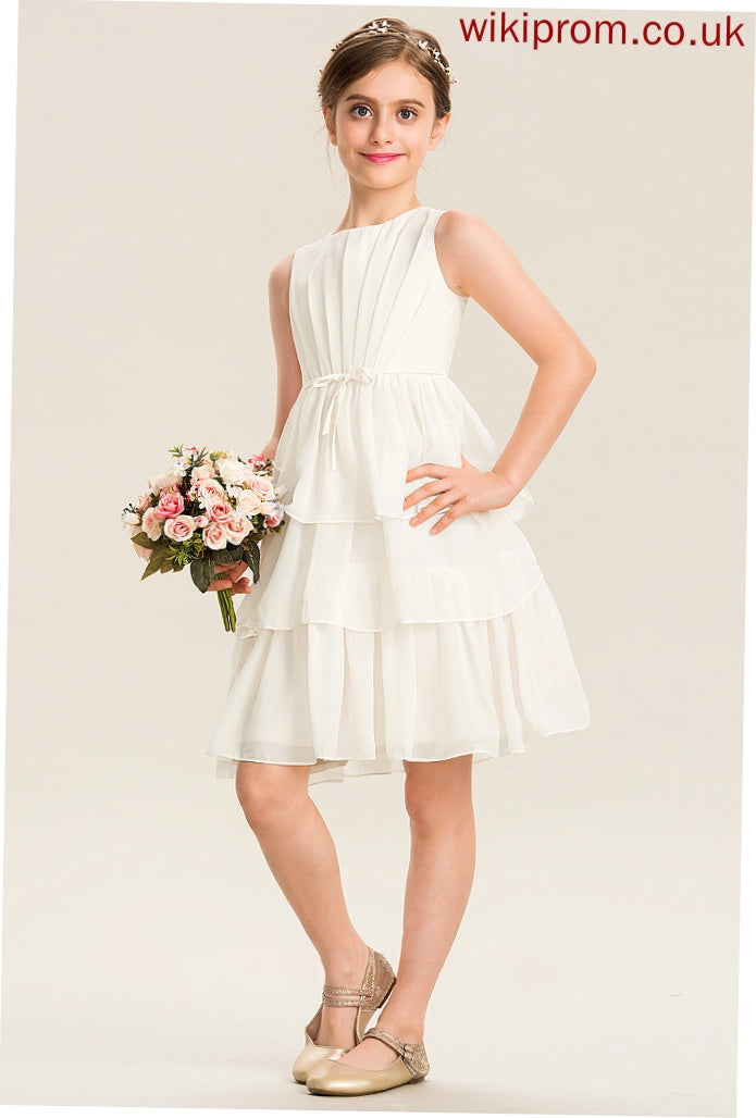 Scoop Junior Bridesmaid Dresses Cascading A-Line Bow(s) Chiffon Ruffles Undine With Knee-Length Neck