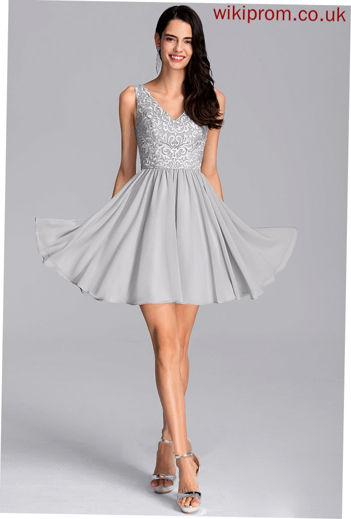 Evie Chiffon Homecoming Dresses Homecoming With Sequins Short/Mini Dress V-neck A-Line Lace