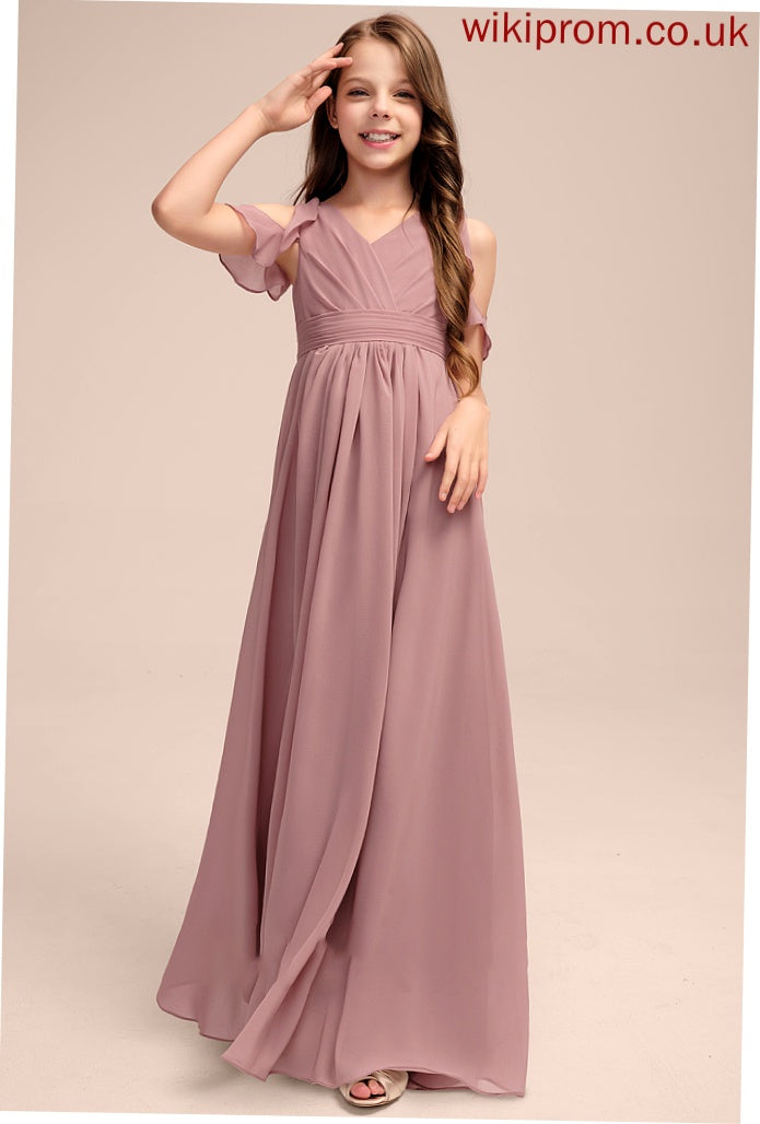 Ruffles Chiffon Floor-Length Junior Bridesmaid Dresses Kelly Cascading With V-neck A-Line