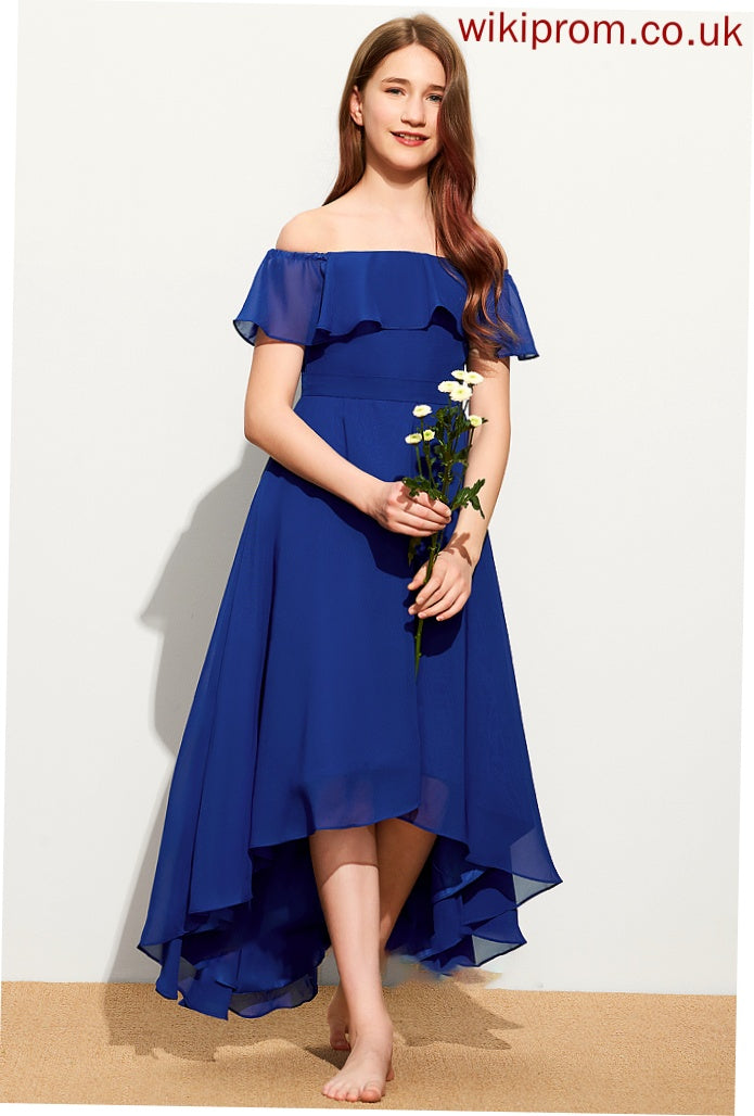 Off-the-Shoulder Cailyn With Asymmetrical Junior Bridesmaid Dresses Chiffon A-Line Cascading Ruffles