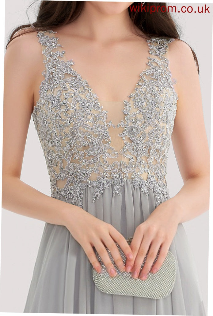 A-Line Rhinestone Abbey V-neck With Lace Chiffon Floor-Length Prom Dresses